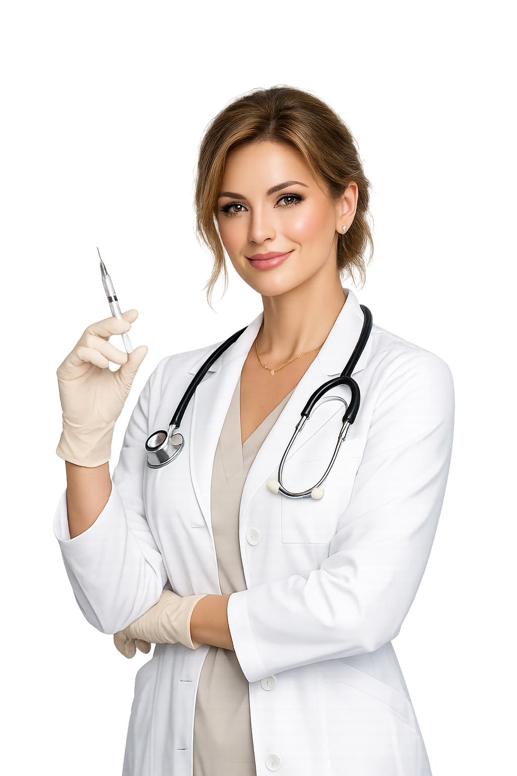 Home Professional aesthetic clinic doctor holding syringe, smiling confidently in white lab coat for skin and beauty treatments