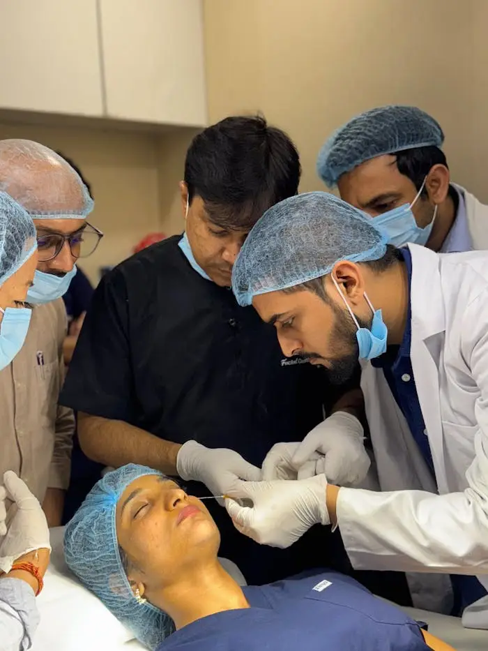 About Medical professionals conducting an aesthetic procedure in a clinical setting.